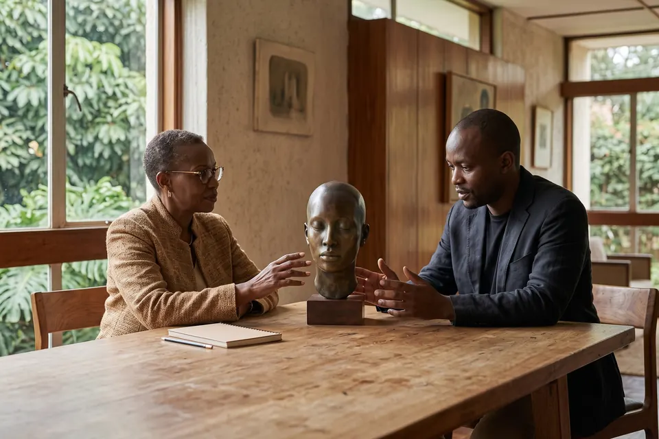 A specialist and a client look together at a small bronze head across a timber table.