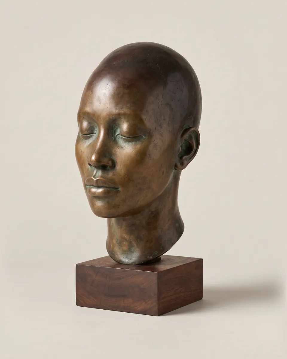 Head of a Listener, 2015. Bronze with brown patina, on a hardwood base.