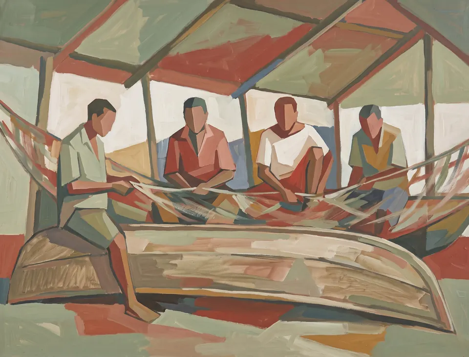 Fishermen Mending Nets, 1987. Oil on canvas.