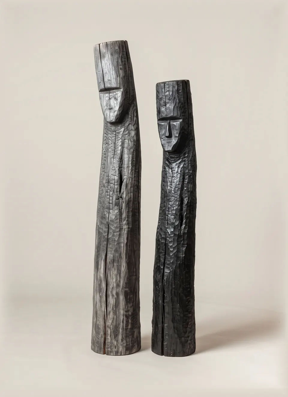 Pair (Ash and Ember), 2024. Charred cypress, in two parts.