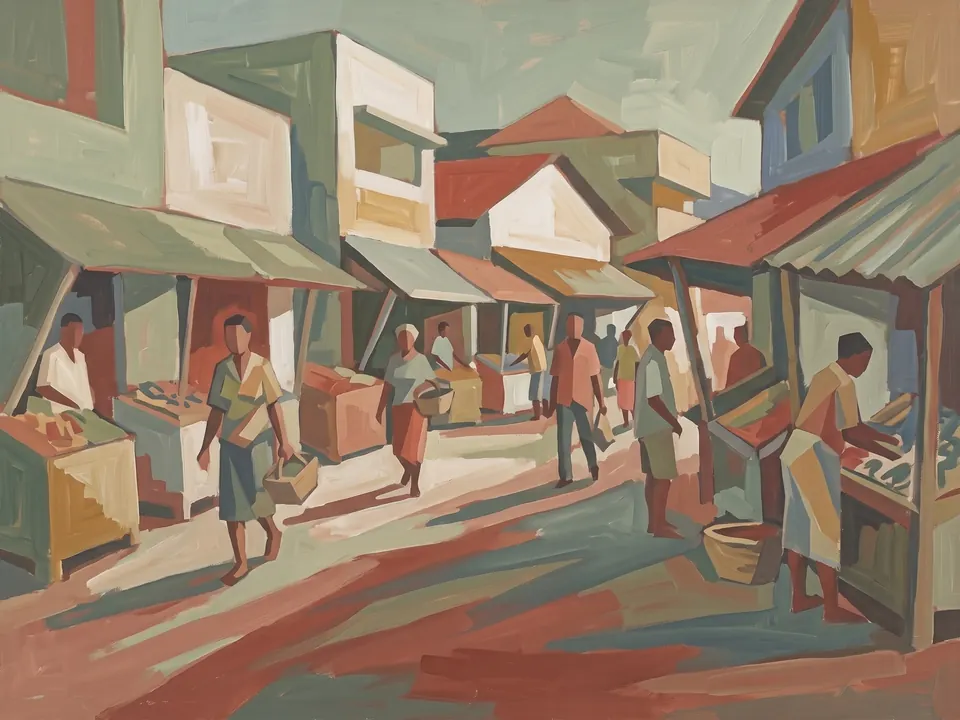 Kariakoo, Late Afternoon, 1994. Oil on board.