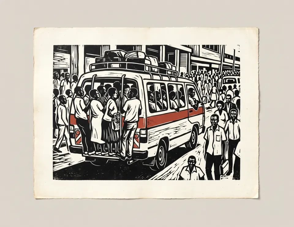 Matatu, Ngong Road, 1978. Linocut printed in black and red on paper.