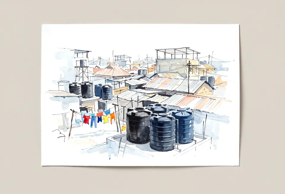 Water Tanks, Eastleigh, 2024. Ink and watercolour on paper.