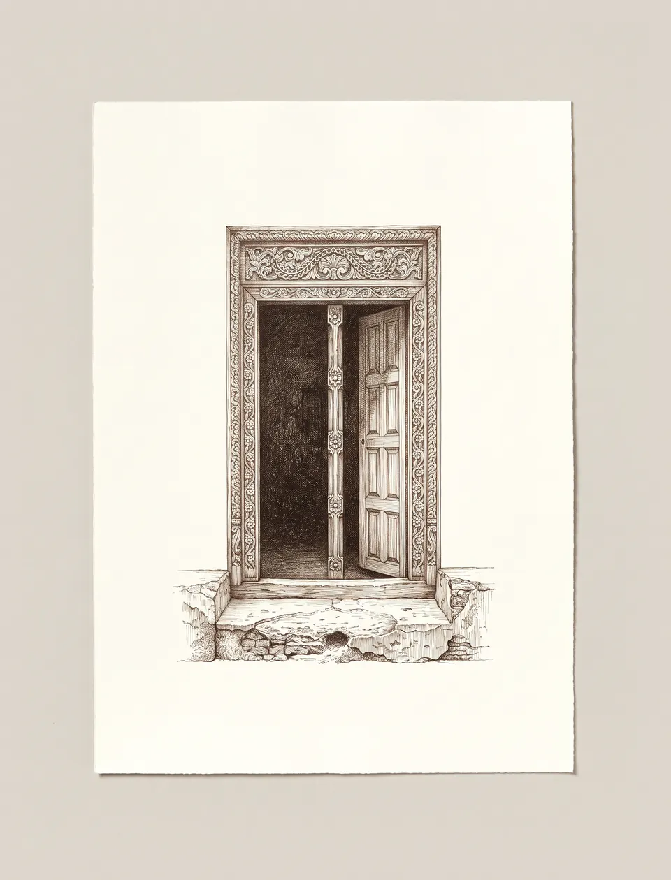 Doorway, Lamu II, 2022. Brown ink on paper.