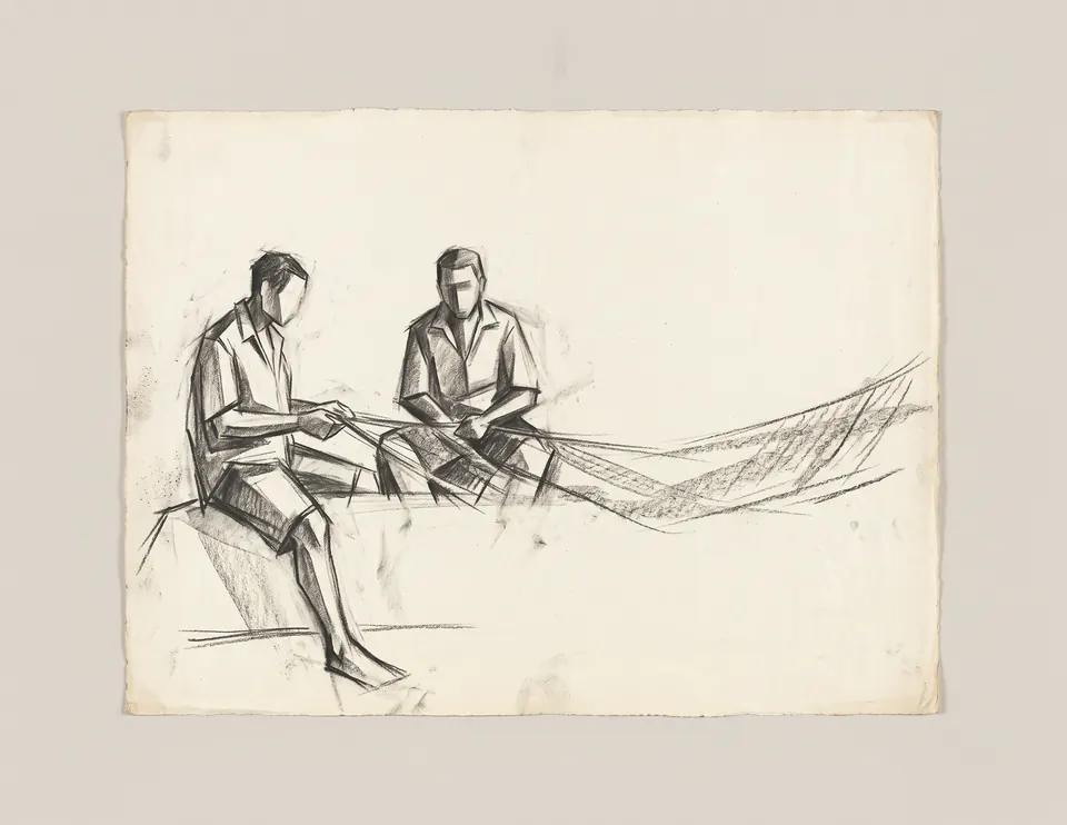 Study for Fishermen, 1986. Charcoal on paper.