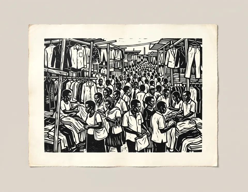 Market Day, Gikomba, 1982. Linocut printed in black on paper.