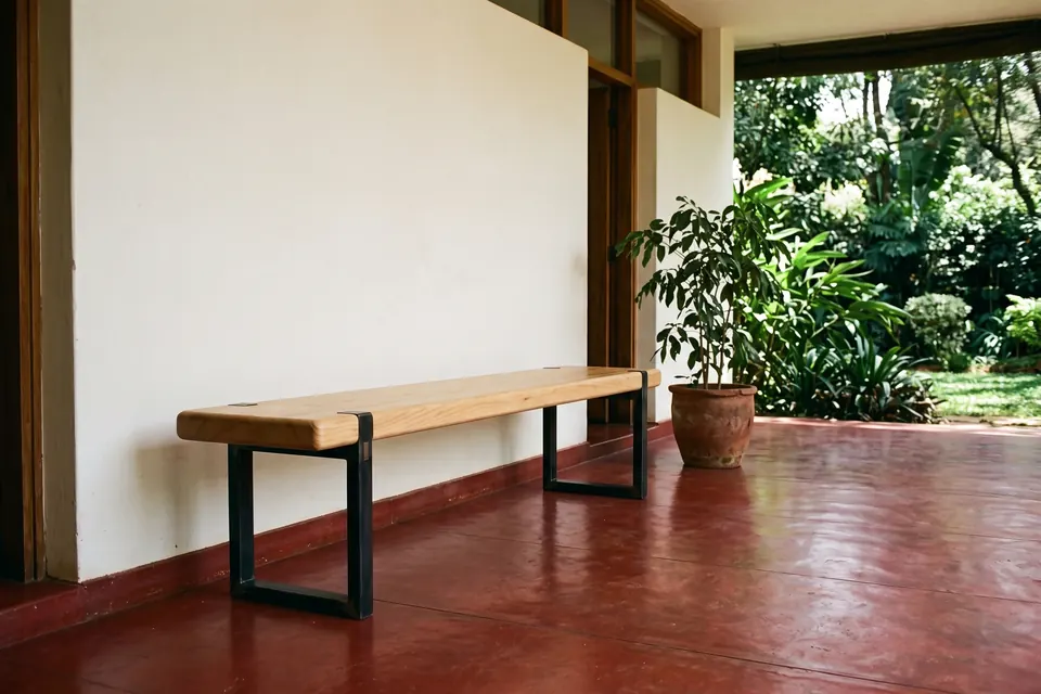 Baraza bench, shown in a room for scale.
