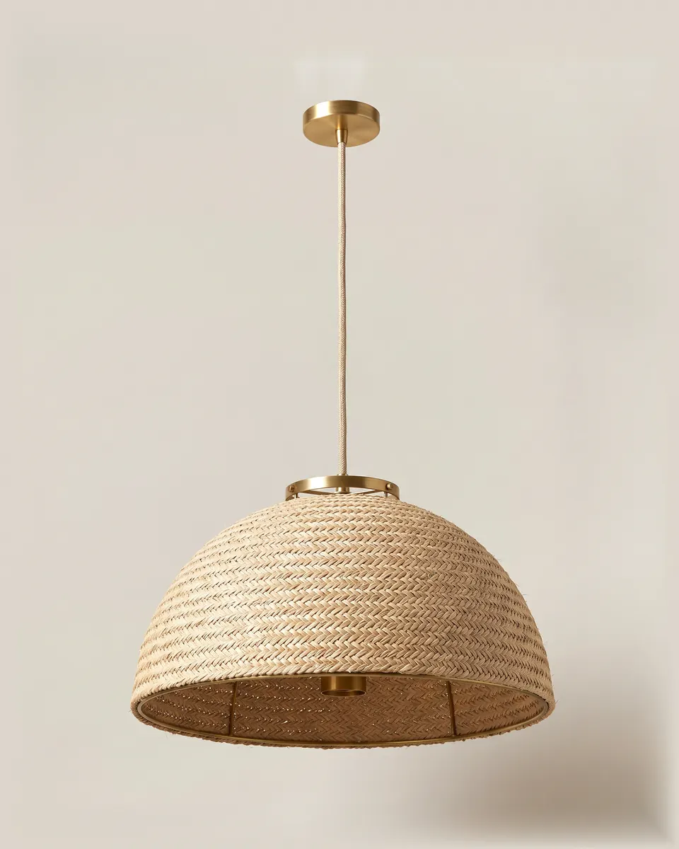 Kikapu pendant lamp, 2024. Woven sisal and brass.