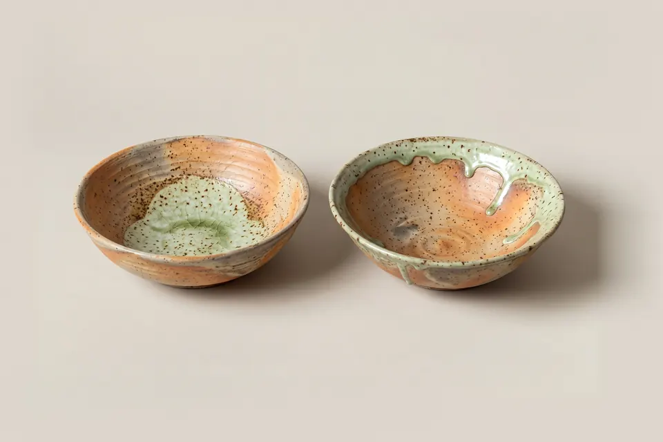 Pair of bowls, 2024. Wood-fired stoneware.