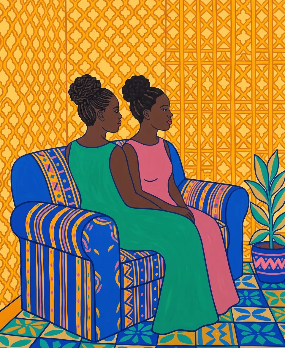 Two Sisters, Kololo, 2019. Acrylic on canvas.