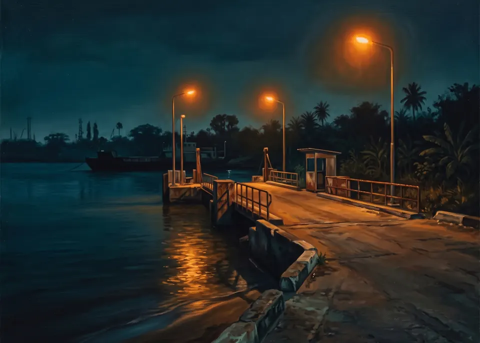 Kigamboni Ferry, Night, 2023. Oil on linen.