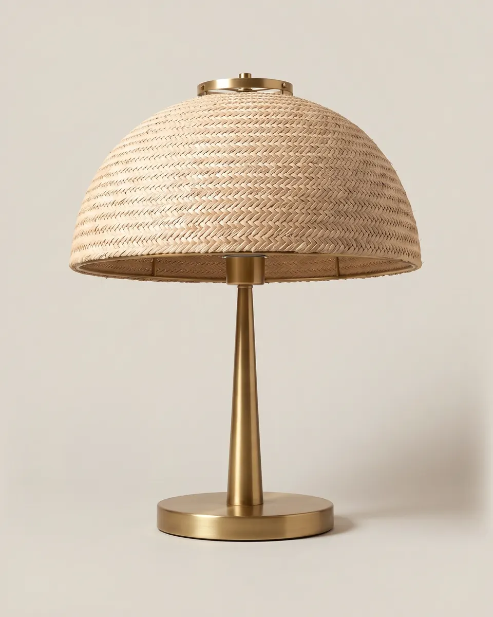 Taa table lamp, 2022. Brass and woven sisal.
